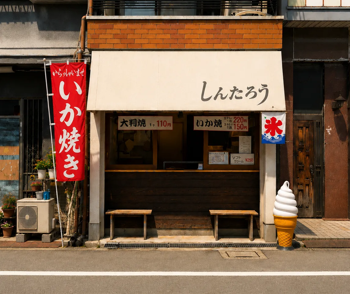 しんたろう｜昔ながらの下町の味を、ポップで楽しく親しみやすく。大阪・守口市 滝井。いか焼き・大判焼き・ソフトクリーム
